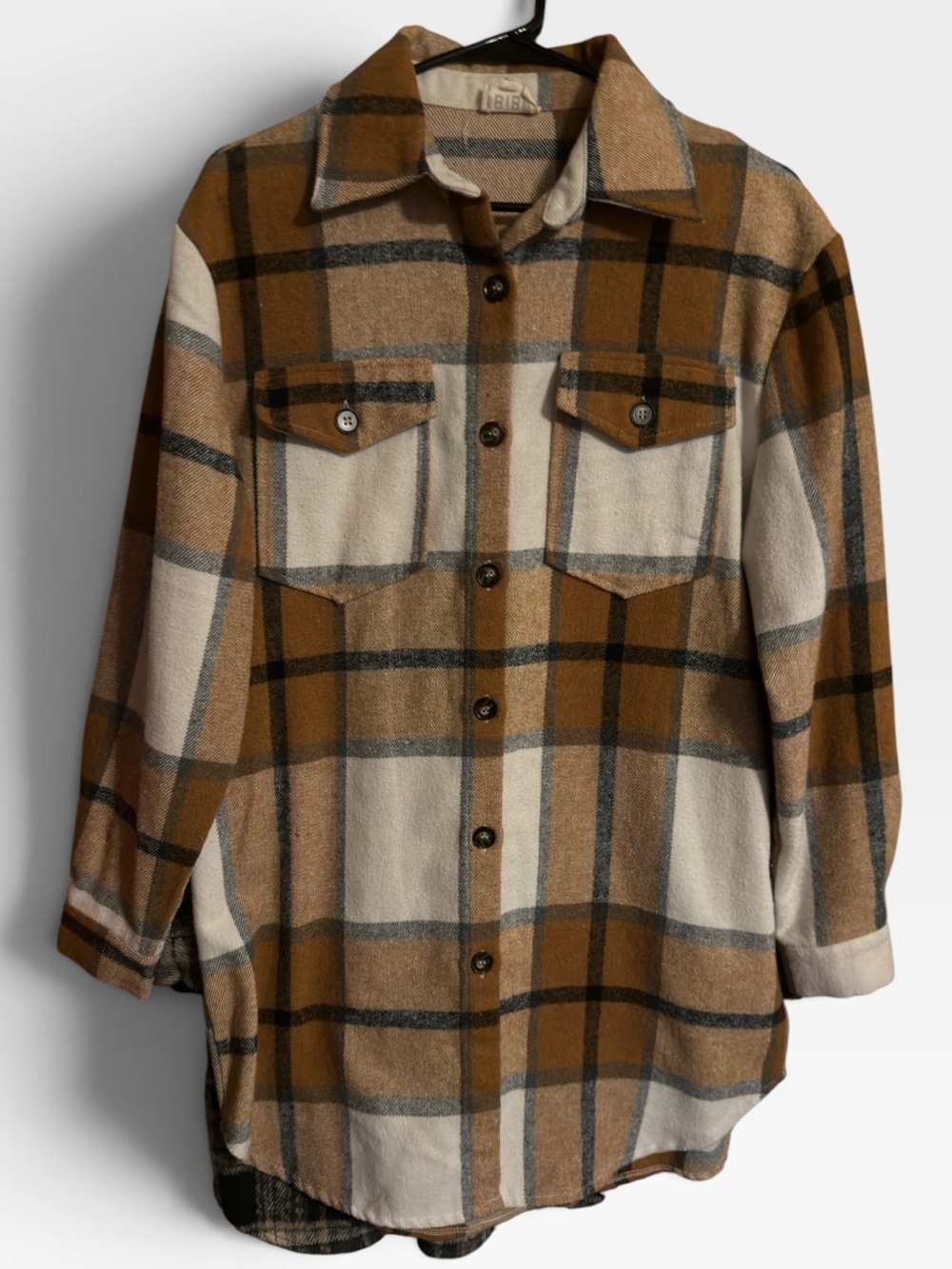 BiBi Tan and Cream Plaid Button-Down Shirt Jacket
